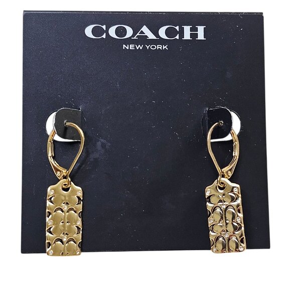 Coach New York Gold Logo Quilted Drop Earrings NWT - Picture 2 of 7